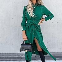 Women's Shirt Dress Swing Dress Midi Dress Green Black khaki Long Sleeve Pure Color Button Winter Fall Autumn Shirt Collar Mature Winter Dress Fall Dress 2023 S M L XL 2XL 3XL miniinthebox - thumbnail