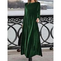 Women's Velvet Dress Party Dress Wedding Guest Dress Long Dress Maxi Dress Black Wine Purple 34 Length Sleeve Pure Color Pocket Fall Winter Autumn Crew Neck Fashion Winter Dress Wedding Guest Lightinthebox - thumbnail