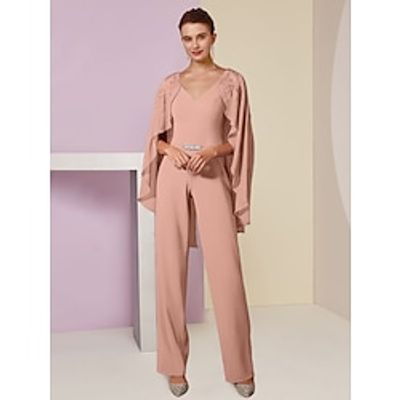 Jumpsuits Mother of the Bride Dress Wedding Guest Elegant V Neck Ankle Length Chiffon Sleeveless with Crystals Appliques Ruching 2023 Lightinthebox