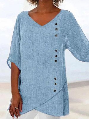 V Neck Half Sleeves Linen Blend Solid Blouse