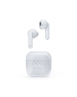 SBS Stereo Wireless Earphones 200 Mah Charging Base Touch Controls & Microphone White