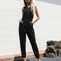 Women's Casual Casual Daily Streetwear Street Going out Casual  Daily Off Shoulder Black Jumpsuit Solid Color Drawstring Lightinthebox - thumbnail