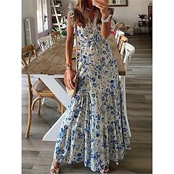 Women's Casual Dress Swing Dress Floral Lace up Ruffle V Neck Long Dress Maxi Dress Boho A Line Street Holiday Sleeveless Summer Lightinthebox