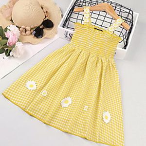 Kids Little Girls' Sundress Daisy Floral Houndstooth Print Black Red Yellow Knee-length Sleeveless Basic Dresses Summer Regular Fit 3-8 Years Lightinthebox