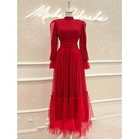 A-Line Prom Dresses Elegant Dress Formal Ankle Length Long Sleeve High Neck Tulle with Pleats Ruched 2023 Lightinthebox - thumbnail