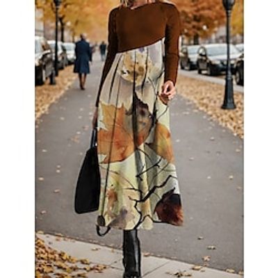 Women's Casual Dress Winter Dress Ethnic Dress Leaf Geometric Ruched Patchwork Crew Neck Long Dress Maxi Dress Vintage Ethnic Outdoor Daily Long Sleeve Regular Fit Brown Khaki Fall Winter S M L XL XXL Lightinthebox