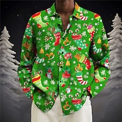 Mushroom Christmas Pattern Casual Men's Shirt Linen Shirt Daily Wear Going out Weekend Fall  Winter Turndown Long Sleeve Black, Dark Green, Green S, M, L Slub Fabric Shirt Christmas Lightinthebox