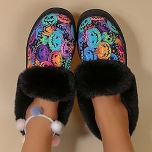 Women's Boots Slip-Ons Snow Boots Animal Print Plus Size Party Halloween Fleece Lined Booties Ankle Boots Winter Flat Heel Round Toe Gothic Plush Casual Walking Elastic Fabric Loafer Cartoon Black Lightinthebox
