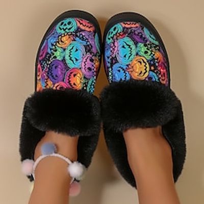 Women's Boots Slip-Ons Snow Boots Animal Print Plus Size Party Halloween Fleece Lined Booties Ankle Boots Winter Flat Heel Round Toe Gothic Plush Casual Walking Elastic Fabric Loafer Cartoon Black Lightinthebox