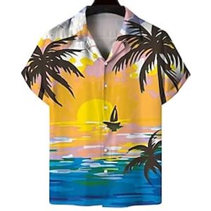 Men's Hawaiian Shirt Button Up Shirt Casual Shirt Beach shirt Letter Coconut Tree Graphic Prints Turndown Light Yellow Light Pink Yellow Pink Red Street Vacation Short Sleeve Clothing Apparel Lightinthebox