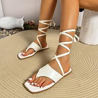 Women's Sandals Lace Up Sandals Strappy Sandals Daily Lace-up Flat Heel Square Toe Comfort Minimalism PU Lace-up White Lightinthebox