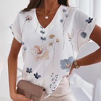 Women's T shirt Tee Blouse White Yellow Light Green Floral Print Short Sleeve Casual Holiday Basic V Neck Regular Floral S miniinthebox - thumbnail