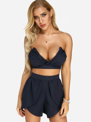 Dark Blue Sexy Cropped Top & High Waist Shorts Co-ord Dark Blue Sexy Cropped Top & High Waist Shorts Co-ord