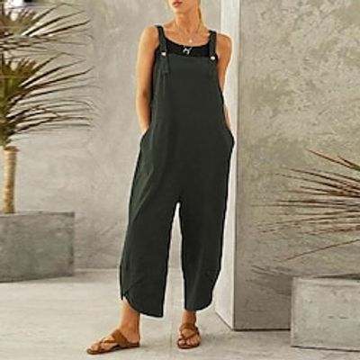 Women's Overall Pocket Solid Color Square Neck Holiday Dailywear Vacation Straight Loose Fit Sleeveless Sleeveless Black Army Green Red S M L Spring Lightinthebox