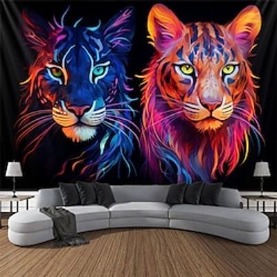 Duo Lion Animal Blacklight Tapestry UV Reactive Glow in the Dark Trippy Psychedelic Misty Nature Landscape Hanging Tapestry Wall Art Mural for Living Room Bedroom Lightinthebox