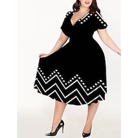 Women's Plus Size Casual Formal Dress A Line Formal Dress Polka Dot Stripe Midi Formal Dress Short Sleeve Print V Neck Elegant Party Black Summer Spring L XL XXL 3XL 4XL Lightinthebox - thumbnail