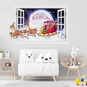 Elk Santa Scene Wall Stickers, 3D Christmas Fake Window Mural, Wall Decals for Living Room, Bedroom, Dining Room Home Window Landscape Wall Decor, Peel and Stick Removable,70x50cm Lightinthebox