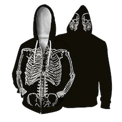 Men's Unisex Full Zip Hoodie Jacket Black Hooded Graphic Prints Skeleton Zipper Print Sports  Outdoor Daily Sports 3D Print Basic Streetwear Casual Spring   Fall Clothing Apparel Hoodies miniinthebox