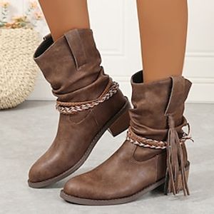 Women's Boots Cowboy Boots Slouchy Boots Plus Size Outdoor Daily Mid Calf Boots Winter Ribbon Tie Tassel Chunky Heel Round Toe Elegant Vintage Casual Walking Faux Leather Loafer Solid Color Dark Lightinthebox