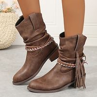 Women's Boots Cowboy Boots Slouchy Boots Plus Size Outdoor Daily Mid Calf Boots Winter Ribbon Tie Tassel Chunky Heel Round Toe Elegant Vintage Casual Walking Faux Leather Loafer Solid Color Dark Lightinthebox - thumbnail