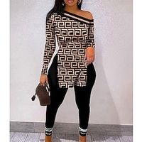 Women's Shirt Pants Sets Pants Trousers Basic Black Blue Casual Daily Plaid Portrait Print One Shoulder S M L XL Lightinthebox - thumbnail