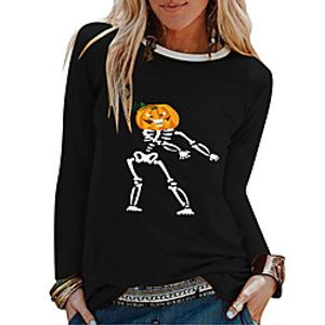 Women's Halloween Painting T shirt Skull Pumpkin Long Sleeve Print Round Neck Basic Halloween Tops Blue Yellow Blushing Pink miniinthebox
