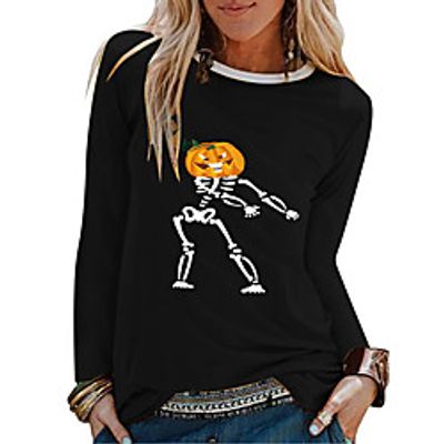 Women's Halloween Painting T shirt Skull Pumpkin Long Sleeve Print Round Neck Basic Halloween Tops Blue Yellow Blushing Pink miniinthebox
