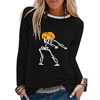 Women's Halloween Painting T shirt Skull Pumpkin Long Sleeve Print Round Neck Basic Halloween Tops Blue Yellow Blushing Pink miniinthebox - thumbnail