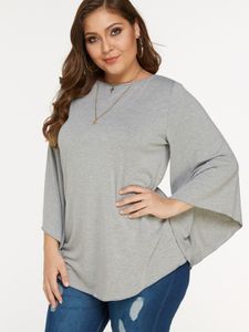Plus Size Grey Criss Cross Bell Sleeves T-shirt