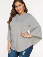 Plus Size Grey Criss Cross Bell Sleeves T-shirt - thumbnail