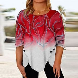 Women's Plus Size Tops Blouse Shirt Color Gradient Leaf Print Long Sleeve Round Neck Streetwear Daily Vacation Polyester Fall Winter Green Blue miniinthebox