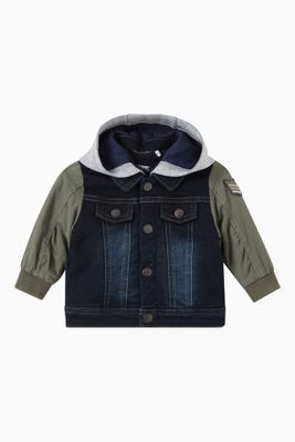 Hooded Denim Jacket with Nylon Sleeves Hooded Denim Jacket with Nylon Sleeves