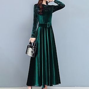 Women's Velvet Dress Swing Dress Midi Dress Green Blue Wine Black Long Sleeve Pure Color Patchwork Winter Fall Crew Neck Stylish Modern Fall Dress 2022 M L XL XXL 3XL / Winter Dress miniinthebox