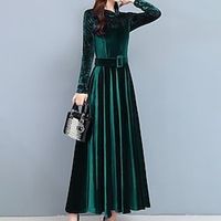 Women's Velvet Dress Swing Dress Midi Dress Green Blue Wine Black Long Sleeve Pure Color Patchwork Winter Fall Crew Neck Stylish Modern Fall Dress 2022 M L XL XXL 3XL / Winter Dress miniinthebox - thumbnail