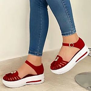 Women's Sandals Wedge Heel Round Toe PU Flower Button Floral Solid Colored Black Red Blue miniinthebox
