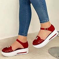 Women's Sandals Wedge Heel Round Toe PU Flower Button Floral Solid Colored Black Red Blue miniinthebox - thumbnail