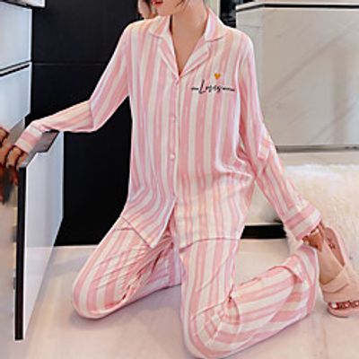 Women's Breathable Gift Pajamas Sets Home Bed Basic Elastic Waist Stripe Ice Silk Simple Fashion Shirt Pant Fall Spring Lapel Long Sleeve Long Pant Buckle Lightinthebox