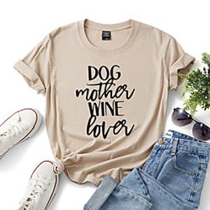 Women's T shirt Text Print Round Neck Tops Cotton Basic Basic Top White Khaki Light Blue Lightinthebox