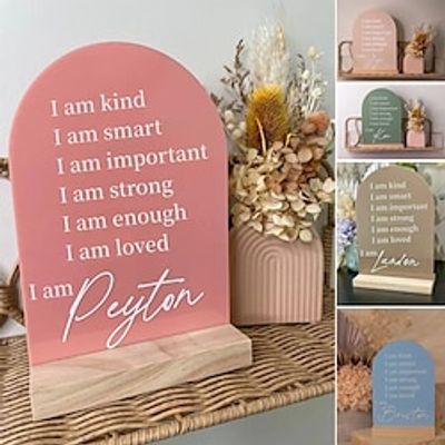 Positive Affirmations Sign, Inspirational Encouragement Gifts, Affirmations Plaque Sign with Wooden Stand, Newborn Gift Desk Decorative Sign for Nursery Room miniinthebox