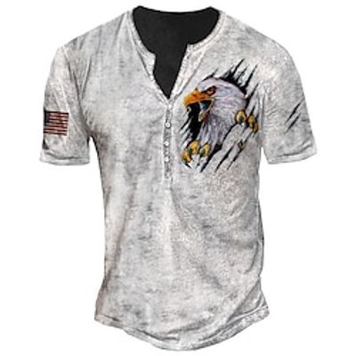 Men's Henley Shirt Tee T shirt 3D Print Graphic Eagle Plus Size Henley Daily Sports Button-Down Print Short Sleeve Tops Basic Casual Designer Big and Tall White miniinthebox