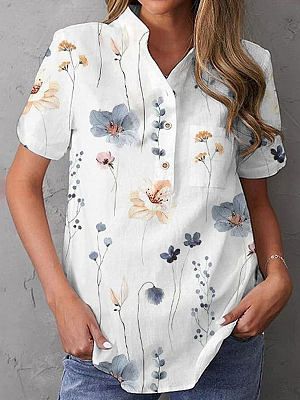 Casual Loose Floral Print Short Sleeve Blouse