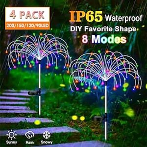 4packs Solar Outdoor Garden Lights, 8Modes 200/150/120/90LED, Solar Firework Lights, Solar Lights, Outdoor Waterproof, Solar Landscape Lights, For Garden, Party miniinthebox