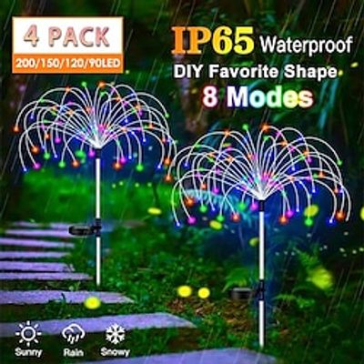 4packs Solar Outdoor Garden Lights, 8Modes 200/150/120/90LED, Solar Firework Lights, Solar Lights, Outdoor Waterproof, Solar Landscape Lights, For Garden, Party miniinthebox
