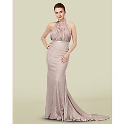 Mermaid  Trumpet Mother of the Bride Dress Elegant Halter Neck Sweep  Brush Train Tulle Sleeveless with Pleats Sequin Draping 2021 Lightinthebox