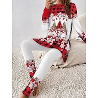 Women's Shirt Pants Sets Plaid Ugly Christmas Red Print 34 Length Sleeve Party Festival Daily Christmas Round Neck Regular Fit Spring   Fall Lightinthebox - thumbnail
