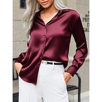Shirt Women's Wine Plain Button Street Daily Streetwear Modern Shirt Collar Regular Fit S Lightinthebox - thumbnail