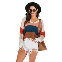 Women's Basic Knitted Striped Color Block Pullover Long Sleeve Sweater Cardigans V Neck Fall Winter Khaki miniinthebox - thumbnail
