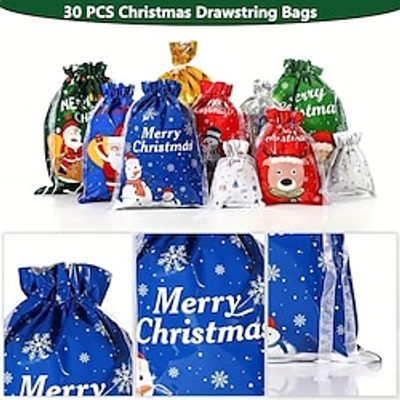 30pcs Christmas Drawstring Bags White Snowflake Remaining New Year Packaging Drawstring Mouth Bags Snacks Large Gift Bags Candy Fruit Gifts Blind Bags Can Be Recycled Decorative Bags Lightinthebox