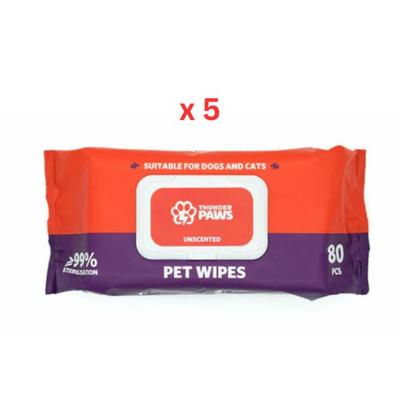 Thunder Paws Unscented Sanitary Pet Wipes Suitable For Cats And Dogs 80pcs Pack Of 5