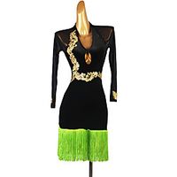 Latin Dance Dress Tassel Embroidery Crystals  Rhinestones Women's Training Performance Long Sleeve Chinlon Mesh Lightinthebox - thumbnail